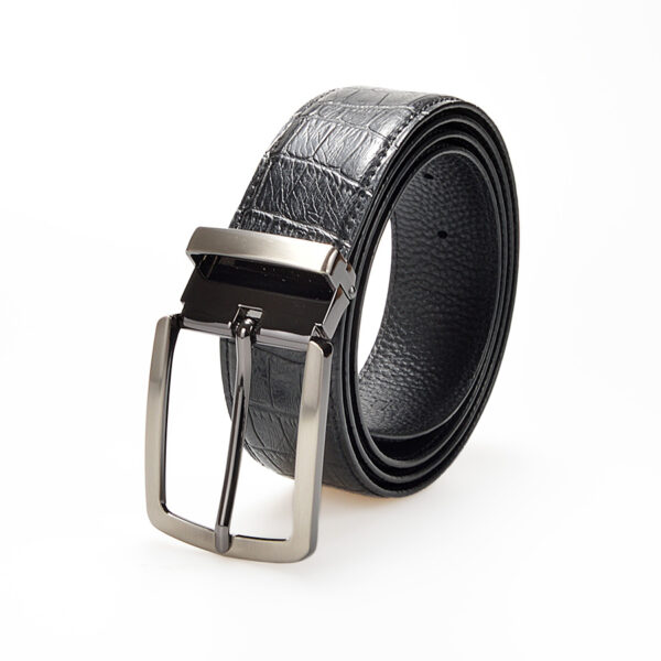 Adjustable Men's Black Leather Belt with Textured Design, 3.8cm Width