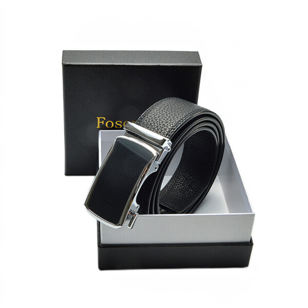 Men's black litchi grain automatic buckle belt, adjustable and stylish for casual wear.