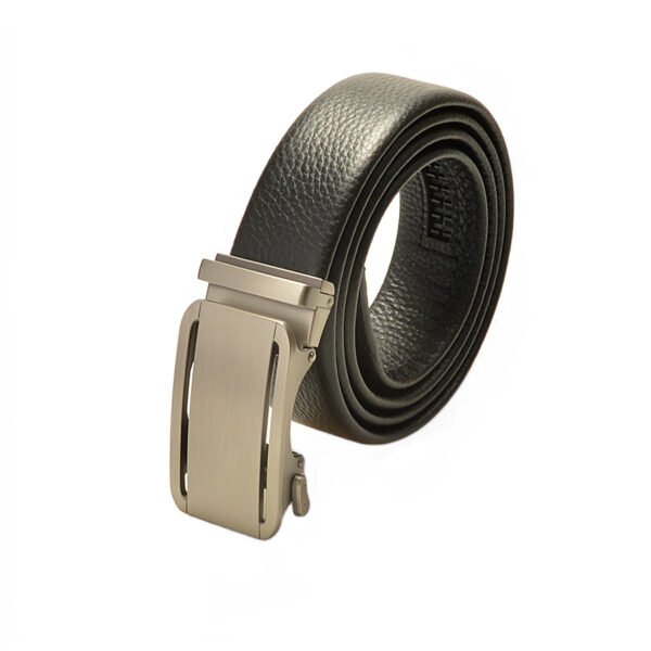 Men's black automatic buckle belt with adjustable design, perfect for casual wear.