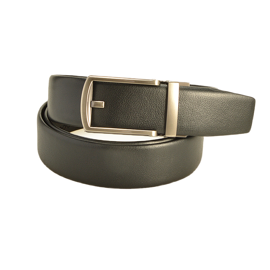 Men's Black Genuine Leather Automatic Belt, showcasing its sleek design and adjustable buckle.