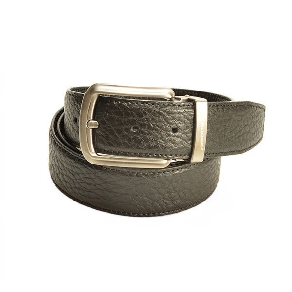 Stylish black pin buckle belt featuring embossed floral patterns and a unique serrated design for easy adjustments.